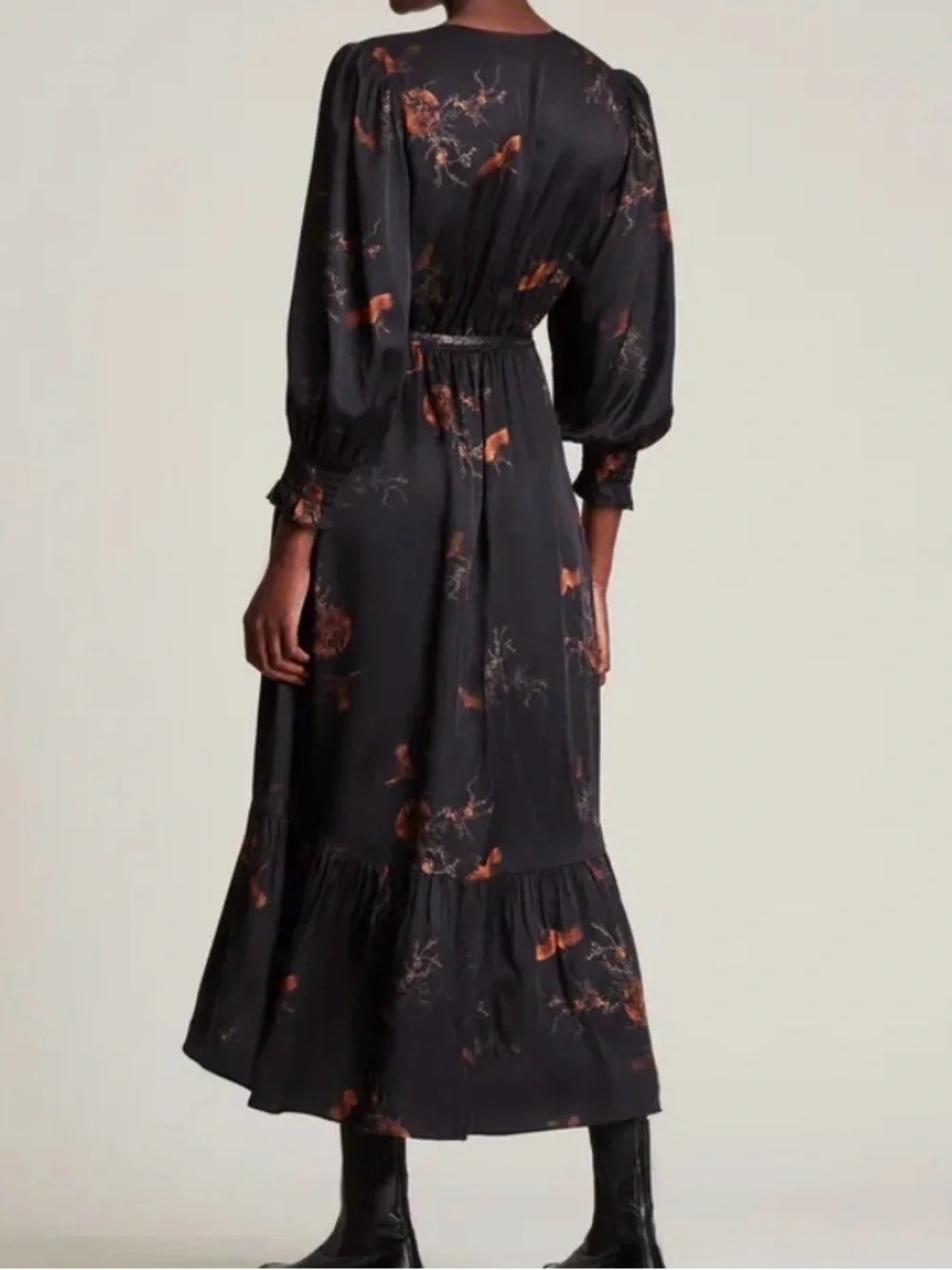 ALL SAINTS ADELAIDE AURORA BLACK WRAP MIDI DRESS BROWN BIRD BRANCHES PRINT SZ 4 - Picture 2 of 9